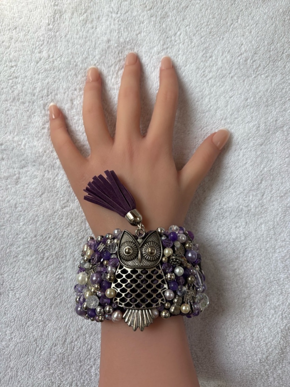 Whimsical Boho Owl Cuff Bracelet -
Purple & Pearl Beadwork - One-Of-A-Kind